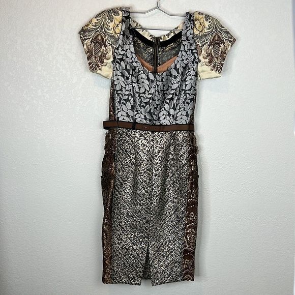 Host Pick❣️Beguile by Byron Lars Size 2 Black/Tan Pieced Brocade LBD - Picture 11 of 15
